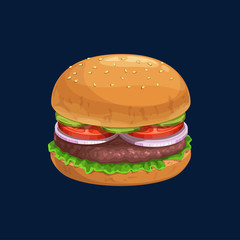 Realistic burger with fresh vegetables and chopped meat isolated icon. Vector fresh hamburger with cut cucumbers, tomatoes and onion, beef or chicken chop and lettuce leaf, sauce dressing. Fast Food