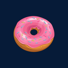 Doughnut with pink topping and caramel sprinkles isolated donut icon. Vector strawberry iced glazed donut with topping, confectionery baked dessert. Fastfood snack, pastry food in realistic design
