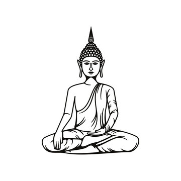 Buddha meditation isolated vector icon, Buddhism religious symbol, Buddhist Hinduism Dharma religion, Buddha statue in lotus posture outline monochrome illustration