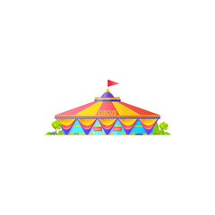 Chapito circus tent with striped roof and flag on top isolated building. Vector awning icon, facade of entertainment building with rees and vehicles. Entrance and billboard, amusement fair