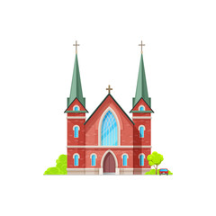 Fototapeta premium Christian church isolated catholic chapel of red brick. Vector holly place to hold funeral and wedding ceremonies, exterior with trees and vehicle. Cathedral or monastery evangelica or orthodox facade