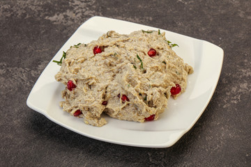 Vagan dietary cusine - mutabal with granet seeds