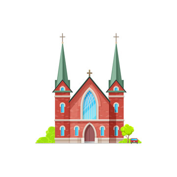 Christian church isolated catholic chapel of red brick. Vector holly place to hold funeral and wedding ceremonies, exterior with trees and vehicle. Cathedral or monastery evangelica or orthodox facade