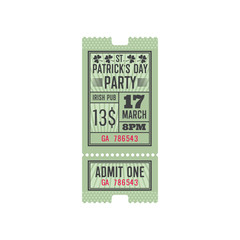 Irish pub entry ticket template isolated template of invitation on Saint Patricks day holiday. Vector spring fest in Ireland, lucky shamrock clover leaves, entry admit one. Time and date, price