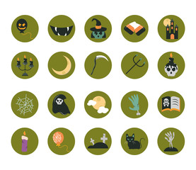 happy halloween, trick or treat party celebration balloon skull hat candle cat moon death flat and block icons set