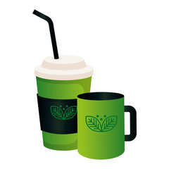 mockup disposable coffee and mug with sign of green company, corporate identity vector illustration design