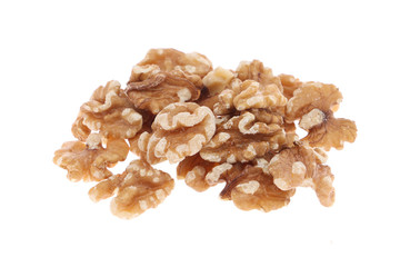 Organic Walnut kernels isolated on white background.