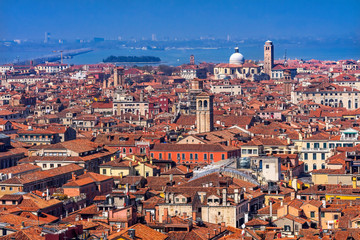 Fototapeta premium Churches Train Bridge Roofs Venice Italy