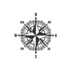 Compass symbol and sign, isolated vector marine navigation element. Rose of wind heraldic monochrome signs with world sides, north and south, west and east. Geography and cartography, map