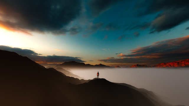 3D Illustration Freedome Man with Sunset Sky