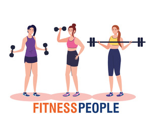 Fototapeta na wymiar banner fitness people, women doing exercises with dumbbells and weight bar, sport recreation exercise vector illustration design