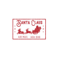 Air mail stamp, Santa Claus riding in sleigh with deers isolated. Vector grunge postmark
