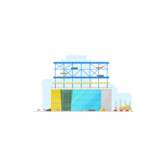 House construction site, store warehouse or office building isolated icon. Vector modern skyscraper construction, lifting blocks and glass windows. Industrial project, process of real estate building