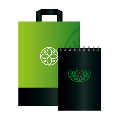 mockup bag paper and notebook with sign of green company, identity corporate vector illustration design