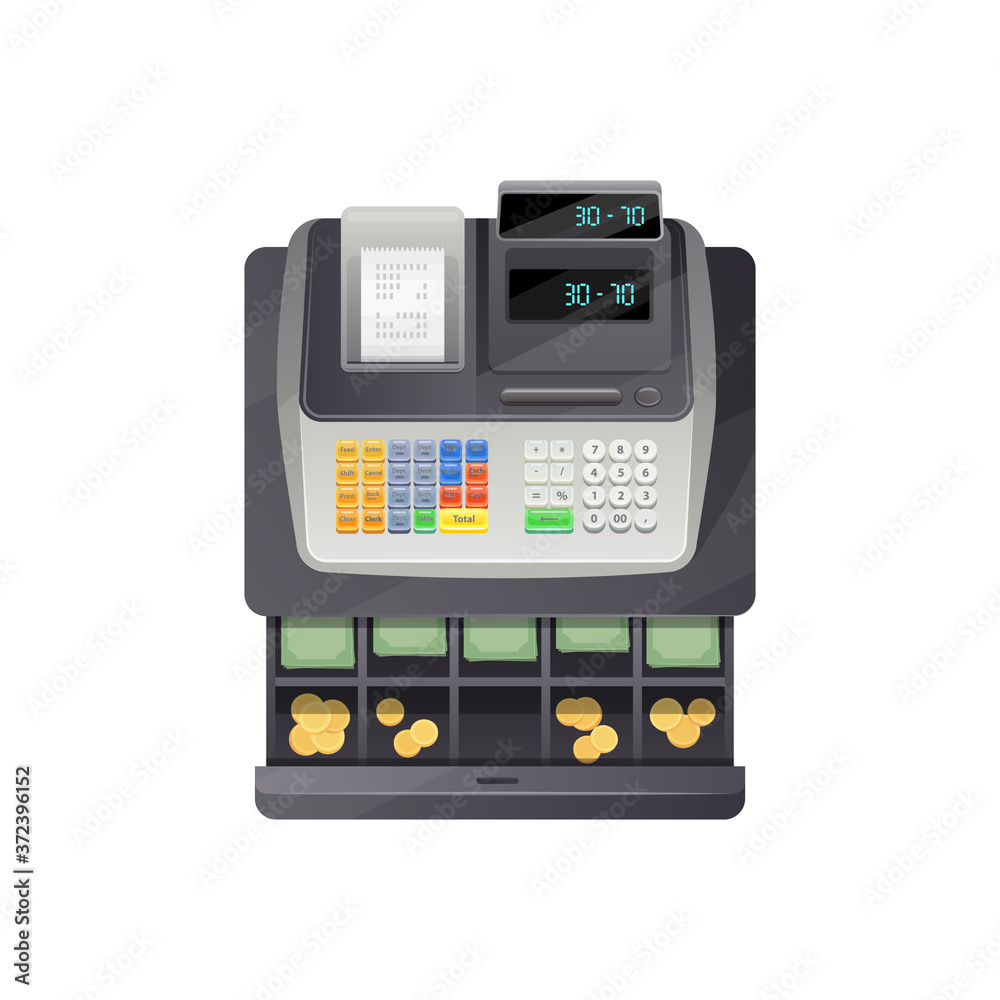 Aufkleber open drawers of cash register full of money banknotes and coins isolated counting device. vector pay