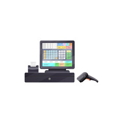 Touchscreen cash register with bar code reader, printing checks terminal isolated modern cash desk. Vector electronic till device, registering and calculating transactions at point of sale