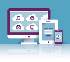 Cloud storage files: music, video, photo, documents on desktop computer, tablet, mobile smartphone. Concepts: cross platform sharing, online digital database software, download, Google drive, Dropbox