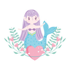 cute little mermaid heart branch foliage cartoon