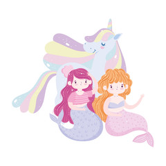 mermaids and unicorn rainbow mane love magic cartoon