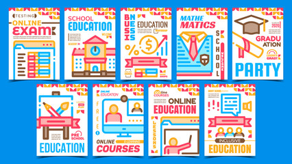 Academy Education Advertising Posters Set Vector. School And University Building, Online Courses And Class Education, Exam And Graduation Promo Banners. Concept Template Style Color Illustrations