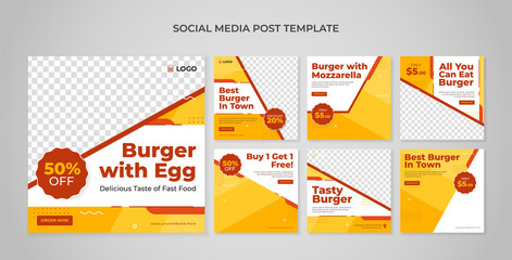 Burger social media post template. Food banner for fast food restaurant