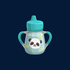 Baby cup bottle with panda bear print isolated icon. Vector baby sipper reservoir, translucent drinking bowl with milk, water or juice and two handles. Toddler feeding equipment, sippy cup