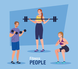 Fototapeta na wymiar fitness people banner, persons practicing exercises, sport recreation exercise vector illustration design
