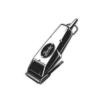 Electric trimmer isolated electrical hair clipper monochrome icon. Vector retro hairdresser machine trimmer, facial hair, beard and mustache shaver. Trimming device with sharp cutting blades