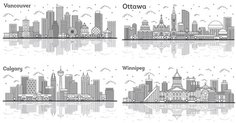 Fototapeta premium Outline Ottawa, Winnipeg, Calgary and Vancouver Canada City Skylines with Modern Buildings and Reflections Isolated on White.