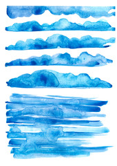 Watercolor line of blue paint, splash, smear, blot, abstraction. Set of blue watercolor lines, stripes. Strokes of paint, lines, splash. Horizontal line,background. Blue sea, Hill, fog mountain