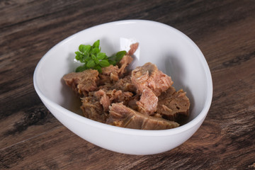 Canned tuna fish in the bowl