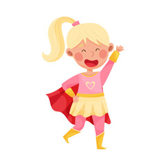 Cheerful Girl Wearing Superhero Costume Waving Hand Vector Illustration