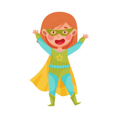 Cheerful Girl Wearing Superhero Costume Waving Hand Vector Illustration