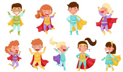 Fototapeta premium Children Wearing Superhero Costume Pretending to Have Super Power Vector Set
