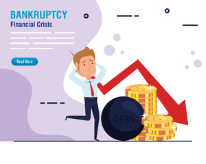 banner bankruptcy financial crisis, worried businessman with coins and icons vector illustration design