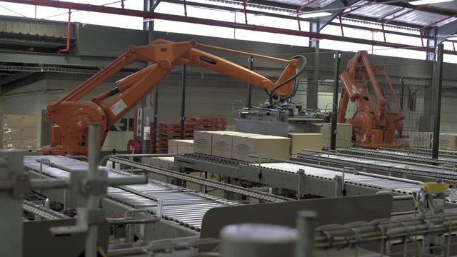 Automated robotic palletizing arms in warehouse stack boxes.