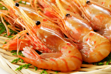 笊に盛ったボタンエビ　Spot Prawns
