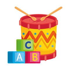 child toys, alphabet cubes with drum in white background vector illustration design
