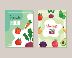 banners with vegetables, fresh food and always fresh food vector illustration design