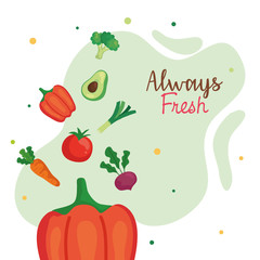 banner with vegetables always fresh, concept healthy food vector illustration design