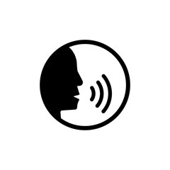 Voice command control with sound waves icon. Man head silhouette speaking logo. Vector on isolated white background. EPS 10