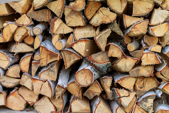 Preparation of firewood for the stove. Birch logs. Wood texture background for design