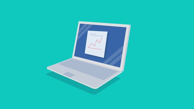 Online business data, company sales and revenue graph and customer experience analysis showing on isometric laptop screen. Business and organization, analysis report concept. 2d animation, 4k video.