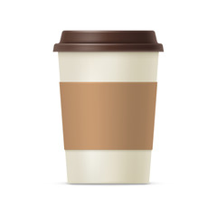 Disposable take out coffee cup. Side view of blank brown cardboard coffee mug with plastic lid for latte, espresso, cappuccino drink realistic vector illustration isolated on white