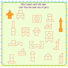 logic game for children. paint the towers with the same color from the same sets of parts