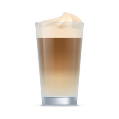 Glass of latte coffee drink. Aroma beverage with whipped cream in transparent cup realistic vector illustration isolated on white background