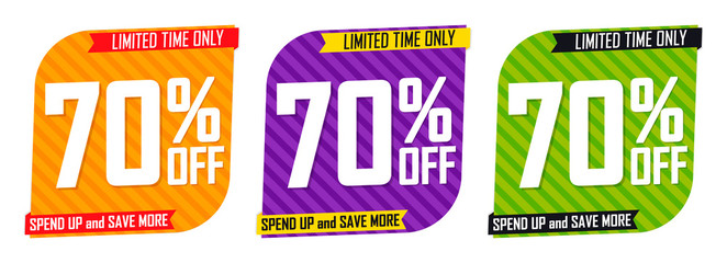 Set Sale 70% off banners, discount tags design template, grunge brush, vector illustration