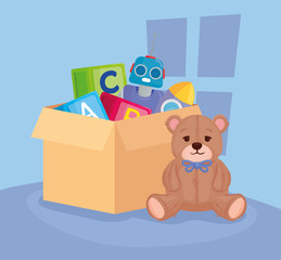 kids toys, teddy bear with toys in box carton vector illustration design