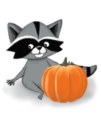Funny raccoon with pumpkin for Halloween isolated on white background. Cartoon character raccoon. Print for home décor