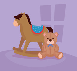 kids toys, wooden rocking horse with teddy bear vector illustration design